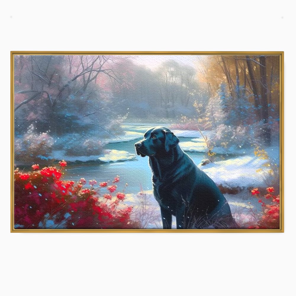 Tablou canvas cu tablou canvas cu labrador negru pe malul unui lac inzapezit, in rama de aluminiu auriu